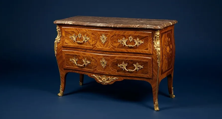 Commode Louis XV marquetée - Bronze doré & marbre