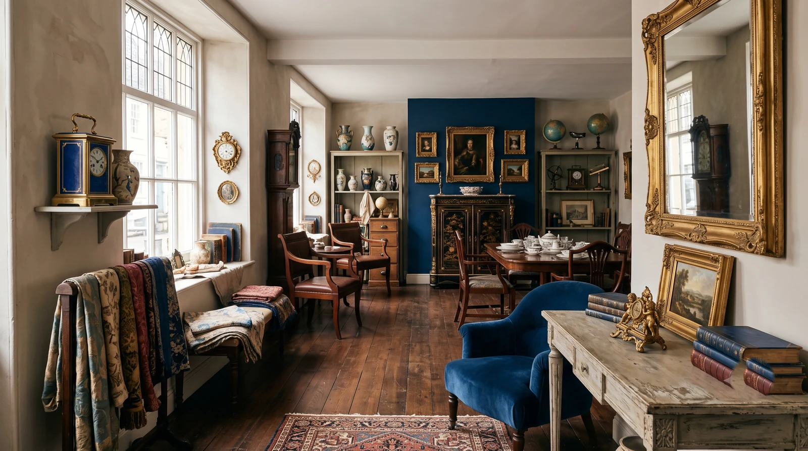 Intérieur d'une boutique d'antiquaire, mobilier et objets mis en scène