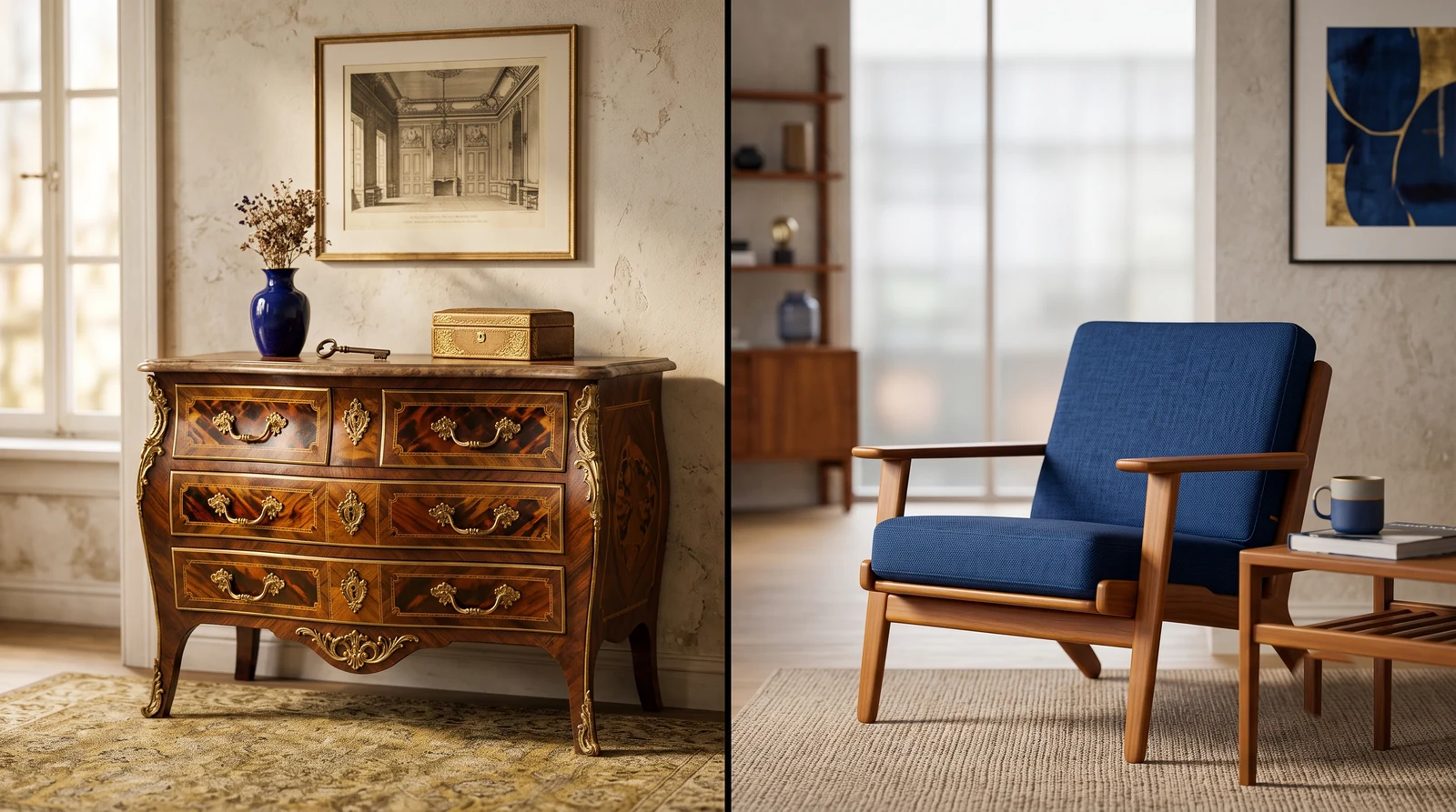 Commode Louis XV d'un côté, fauteuil design des années 60 de l'autre