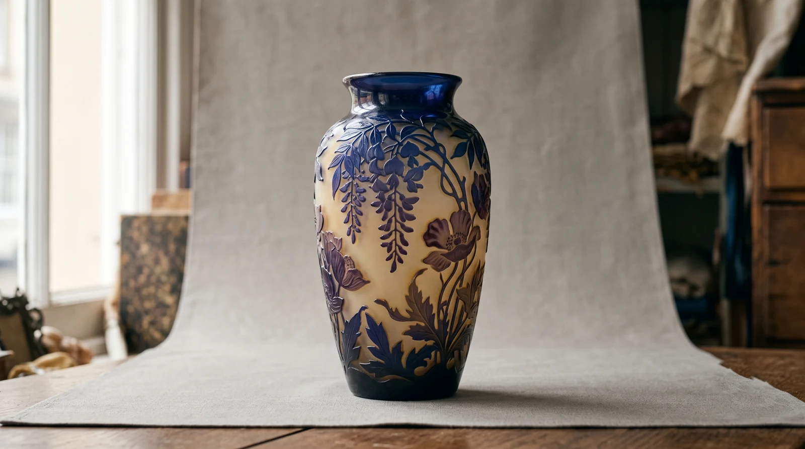 Vase Art nouveau photographié sur fond neutre en lumière naturelle