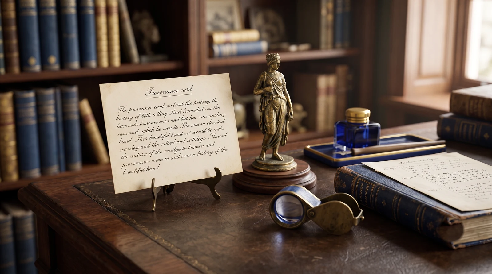 Fiche de provenance manuscrite, loupe et statuette en bronze sur un bureau