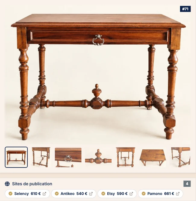 Fiche d'une table-bureau Louis XIII publiée sur Selency, Antikeo, Etsy et Pamono, avec un prix différent sur chaque plateforme
