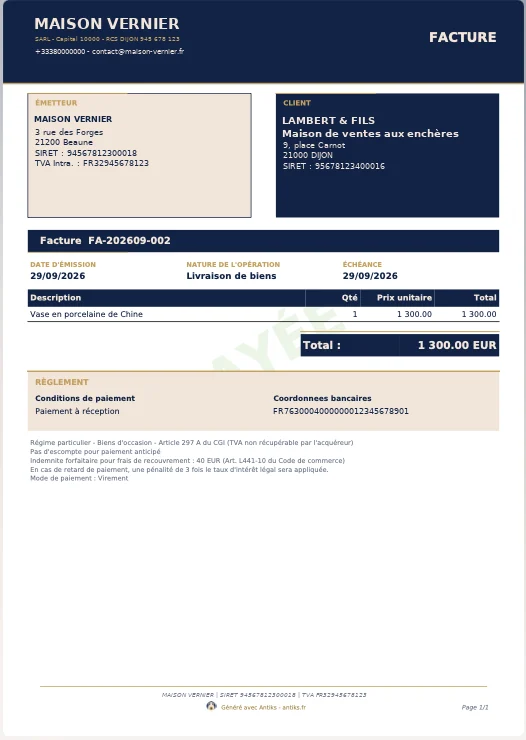 Vraie facture au régime de la marge éditée par Antiks : vase en porcelaine de Chine, total sans ligne de TVA, mention Régime particulier, biens d'occasion, article 297 A du CGI