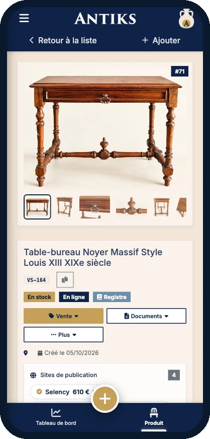 Fiche d'une table-bureau Louis XIII ouverte sur téléphone dans l'application web Antiks