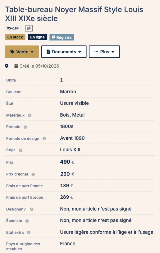 Champs de la fiche remplis par l'IA : état, matériaux, période, style, designer, ébéniste, pays d'origine