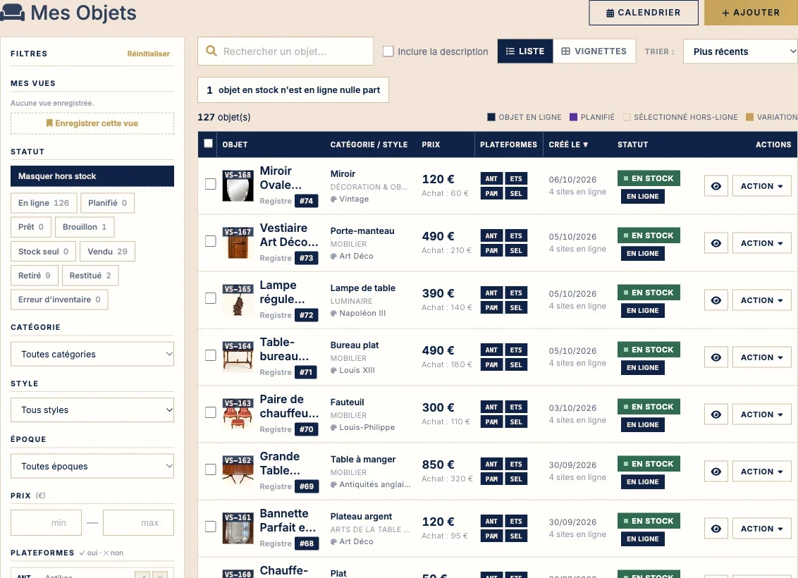 Écran Mes Objets d'Antiks : 127 objets, filtres par statut dont Restitué, plateformes et prix de chaque pièce