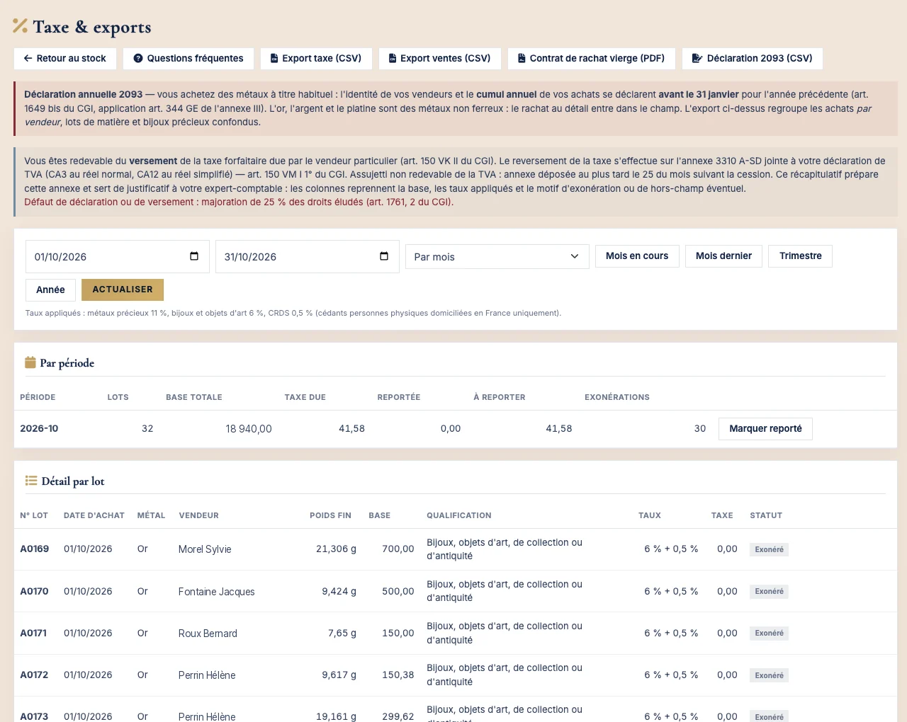Écran Taxe & exports d'Antiks : rappel de la déclaration 2093 et de l'annexe 3310 A-SD, taxe due par période, détail par lot avec qualification, taux et exonérations