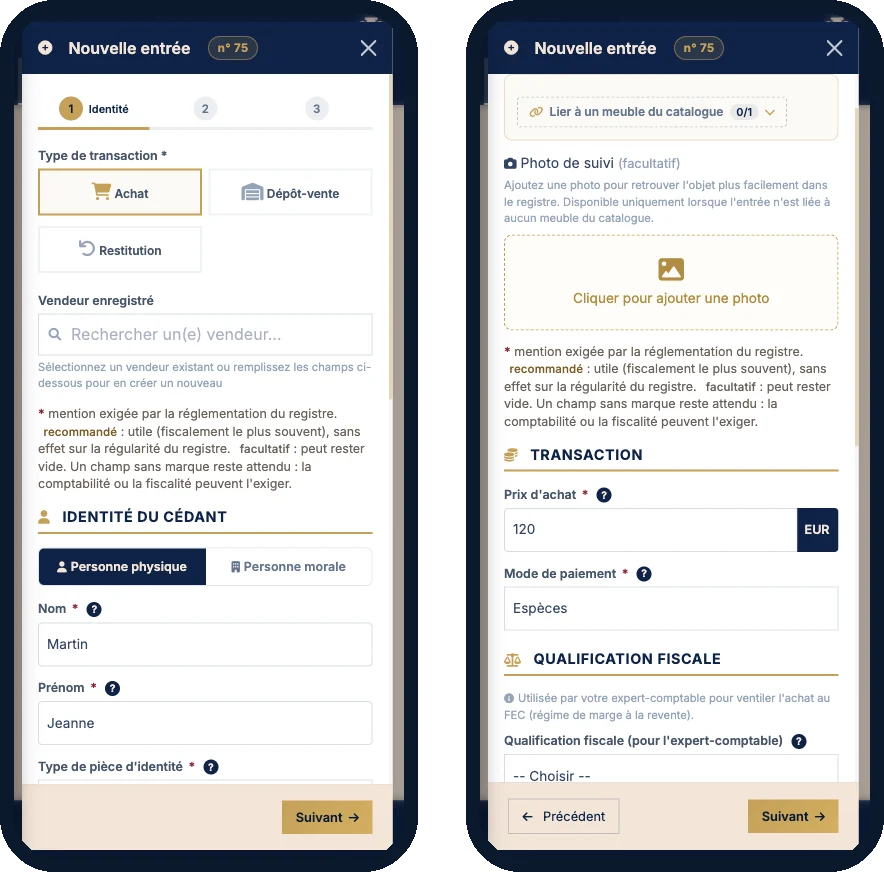 Formulaire de nouvelle entrée du livre de police sur téléphone : type de transaction (achat, dépôt-vente, restitution), identité du cédant, prix et mode de paiement