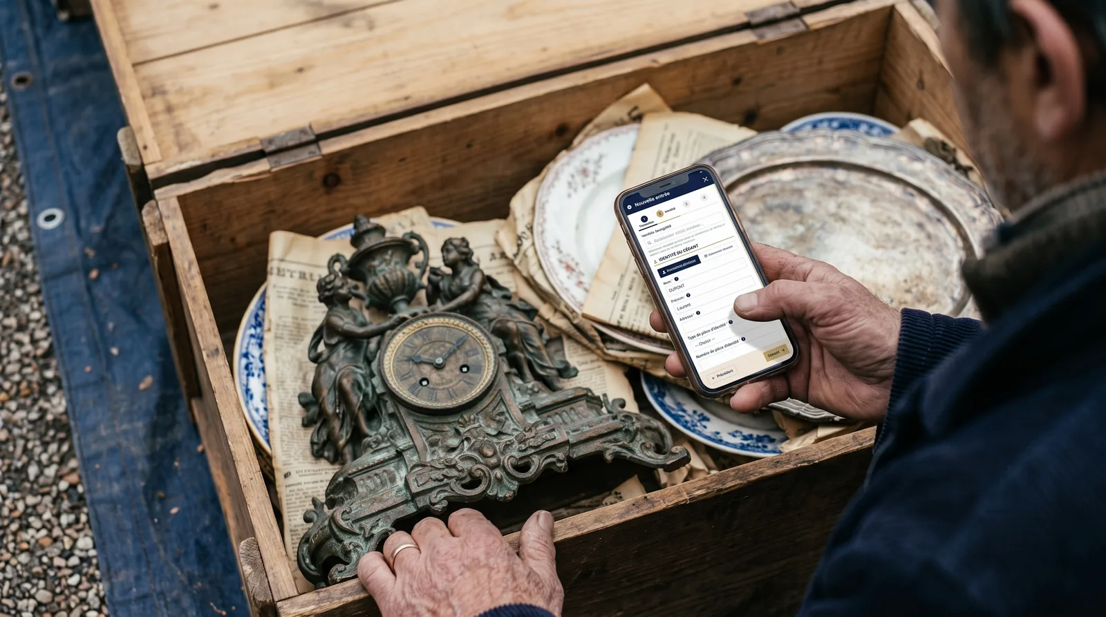 Antiquaire saisissant ses objets depuis son téléphone lors d'un déballage