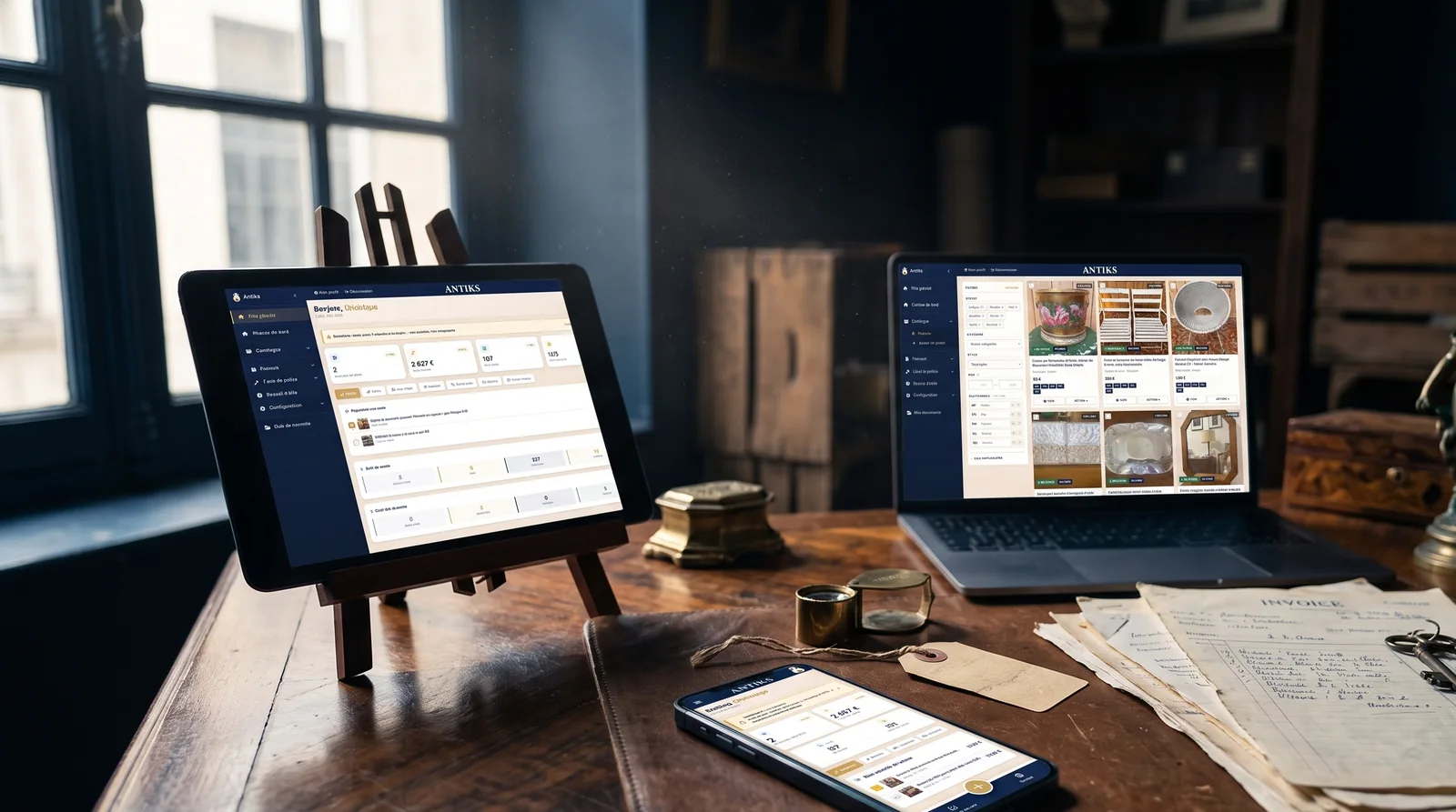 L'application Antiks ouverte simultanément sur tablette, ordinateur portable et téléphone dans une boutique d'antiquités