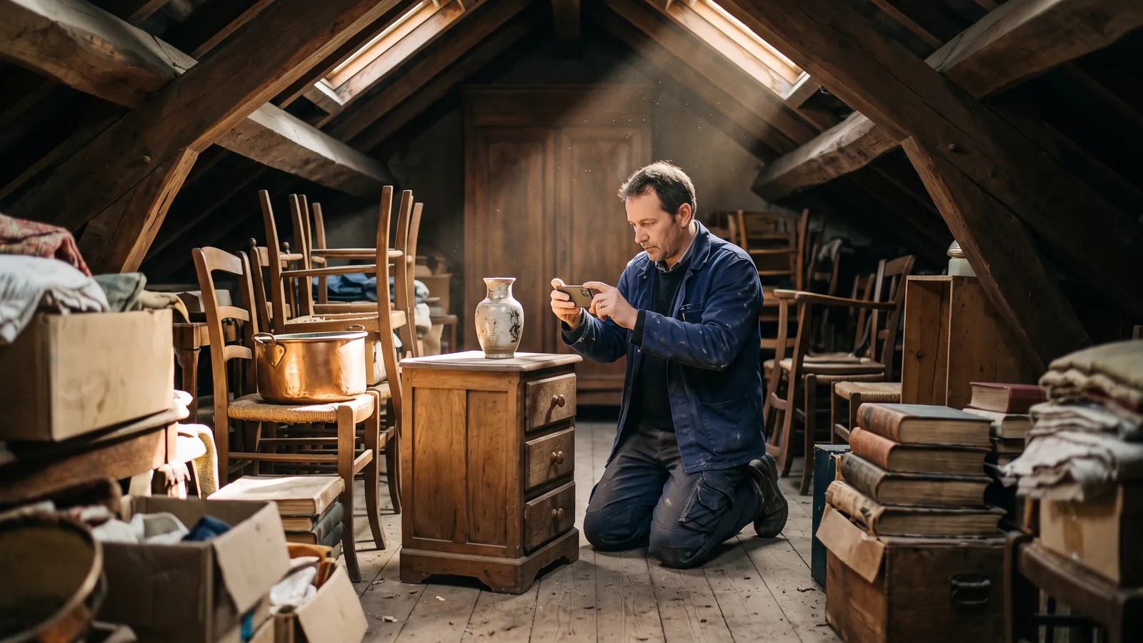 Brocanteur photographiant un vase avec son téléphone lors d'un débarras de grenier