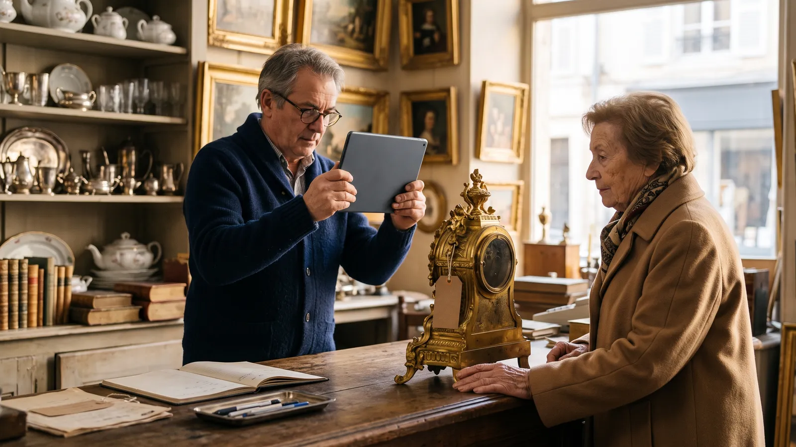 Une cliente confie une pendule en bronze doré en dépôt-vente à un antiquaire, qui la photographie avec une tablette