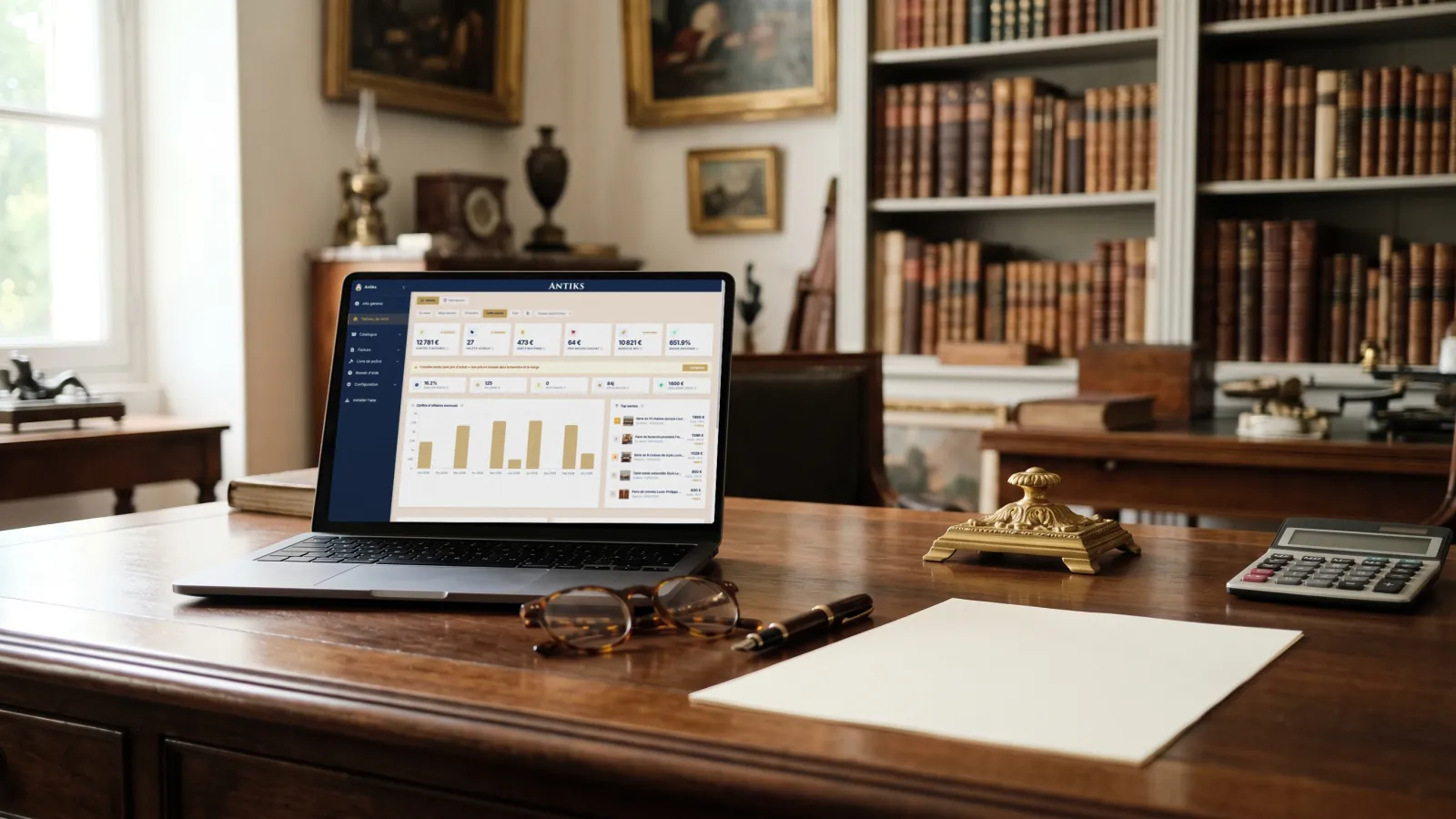 Bureau d'antiquaire avec le tableau de bord Antiks ouvert sur un ordinateur, ventes et marge du mois affichées, à côté d'un stylo plume et d'une calculatrice