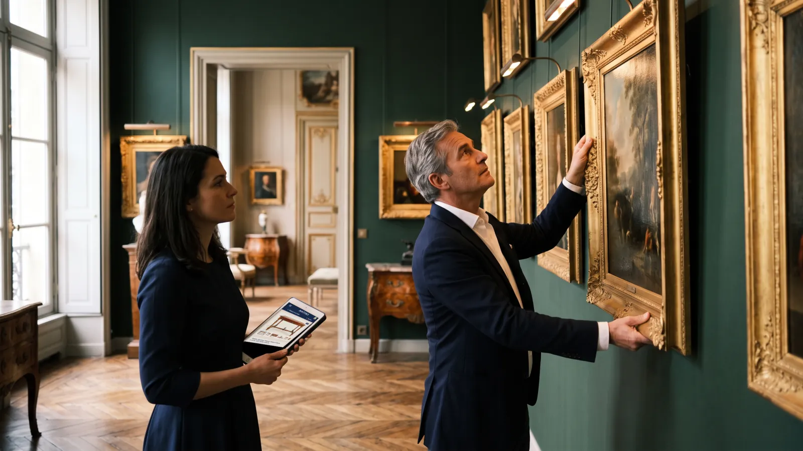 Un galeriste accroche un tableau à cadre doré sur un mur vert, son assistante suit la fiche de l'œuvre dans Antiks sur une tablette