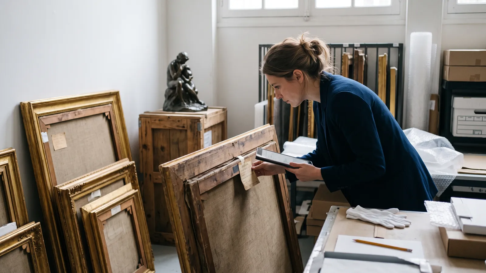 Dans la réserve d'une galerie, une assistante vérifie l'étiquette d'un tableau sur l'inventaire de sa tablette