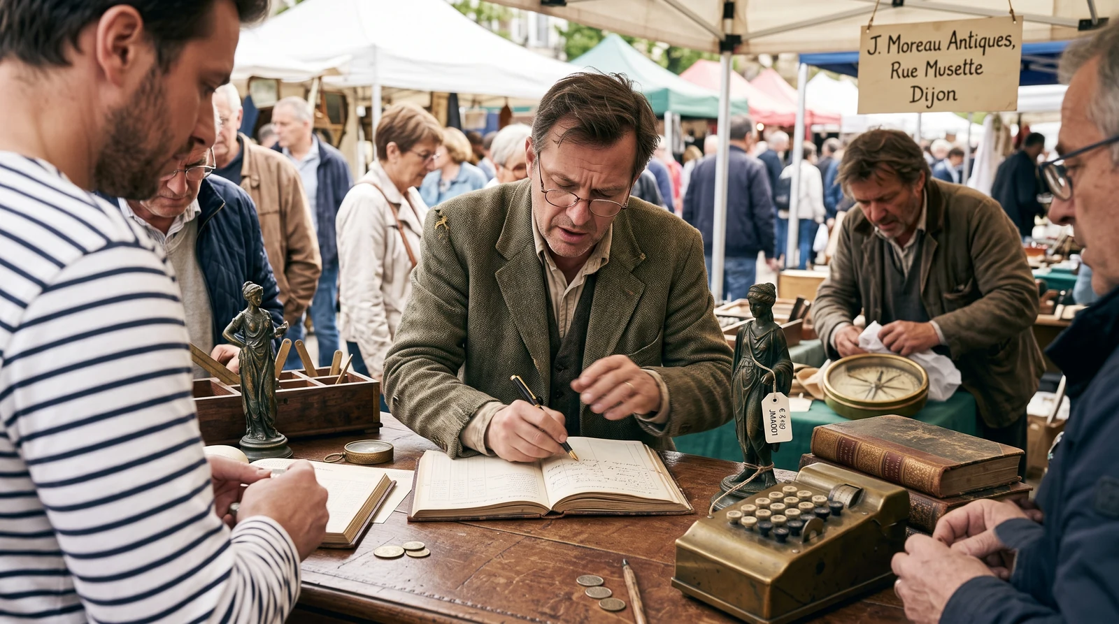 Antiquaire remplissant son livre de police entre deux ventes sur un marché