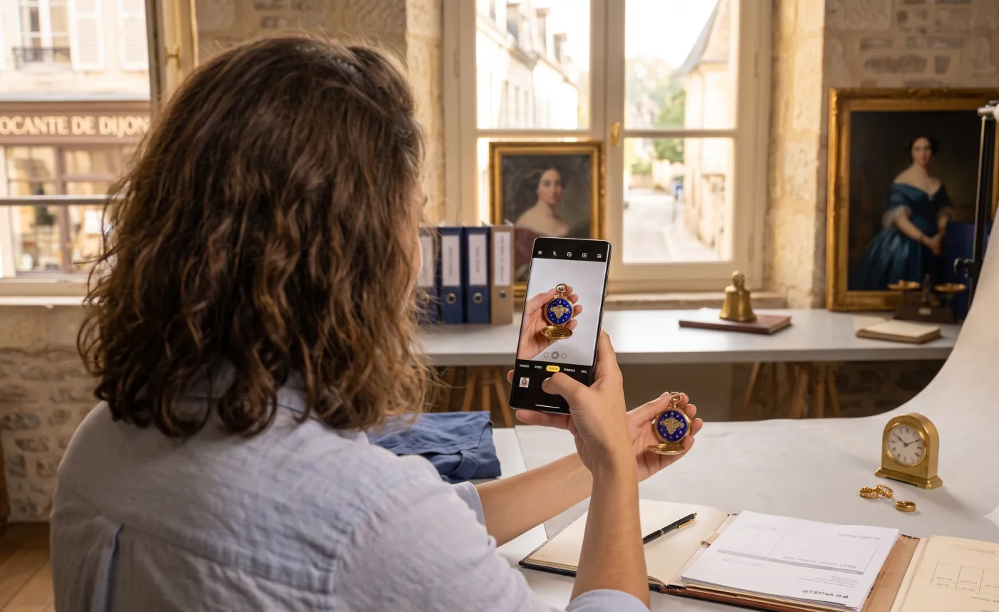Antiquaire débutant photographiant un objet pour sa première annonce en ligne