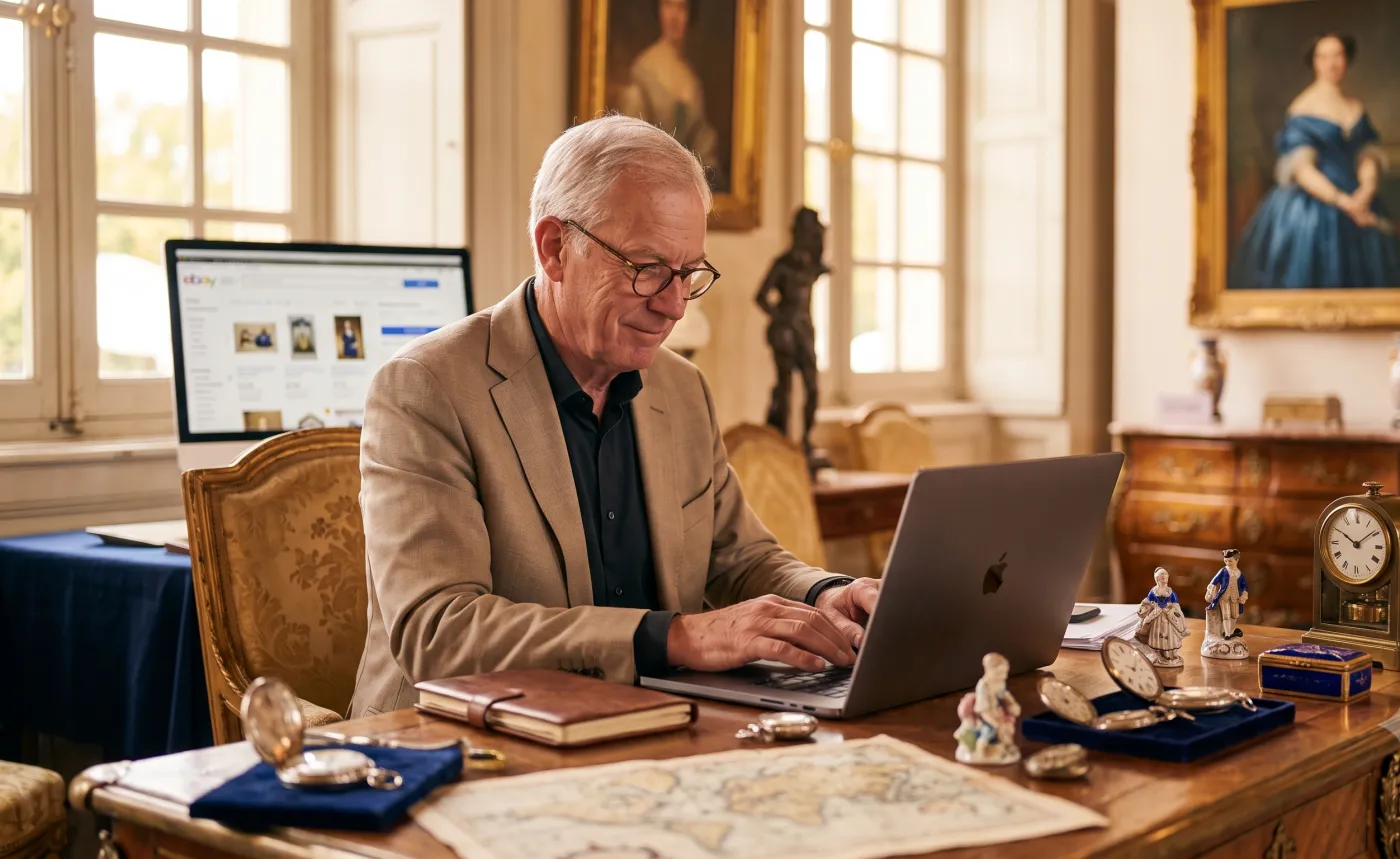 Antiquaire gérant ses annonces sur plusieurs plateformes de vente en ligne