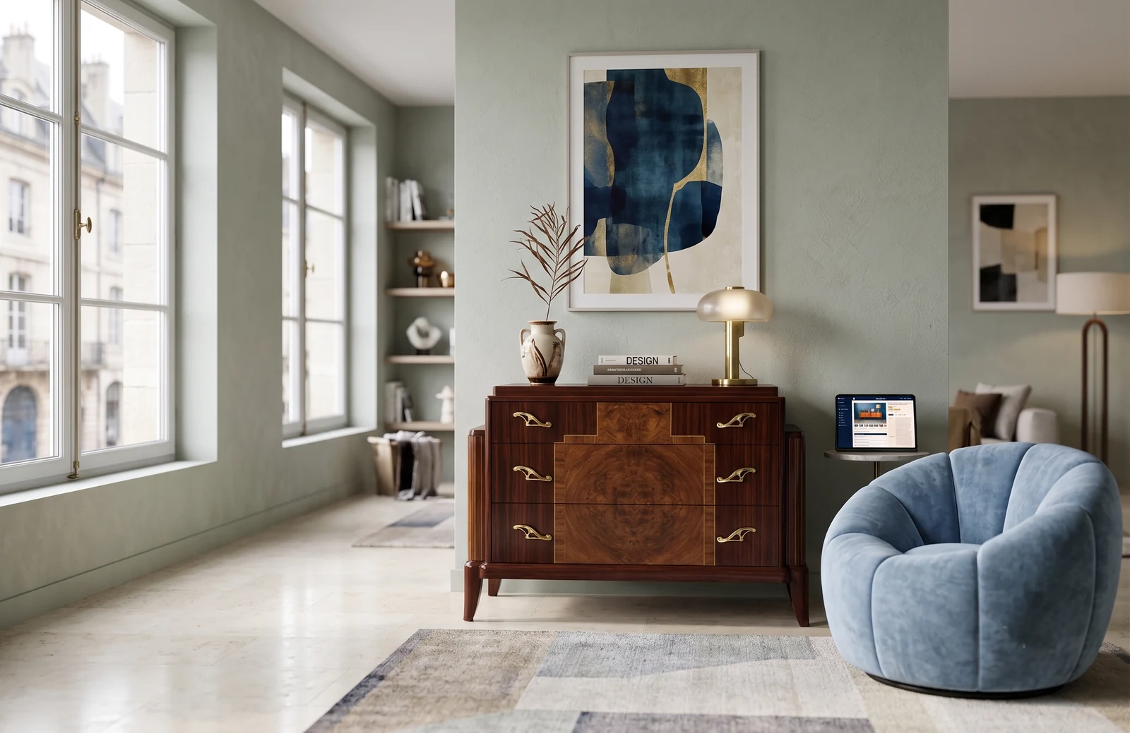 Meuble ancien mis en scène dans un intérieur contemporain pour une plateforme déco haut de gamme