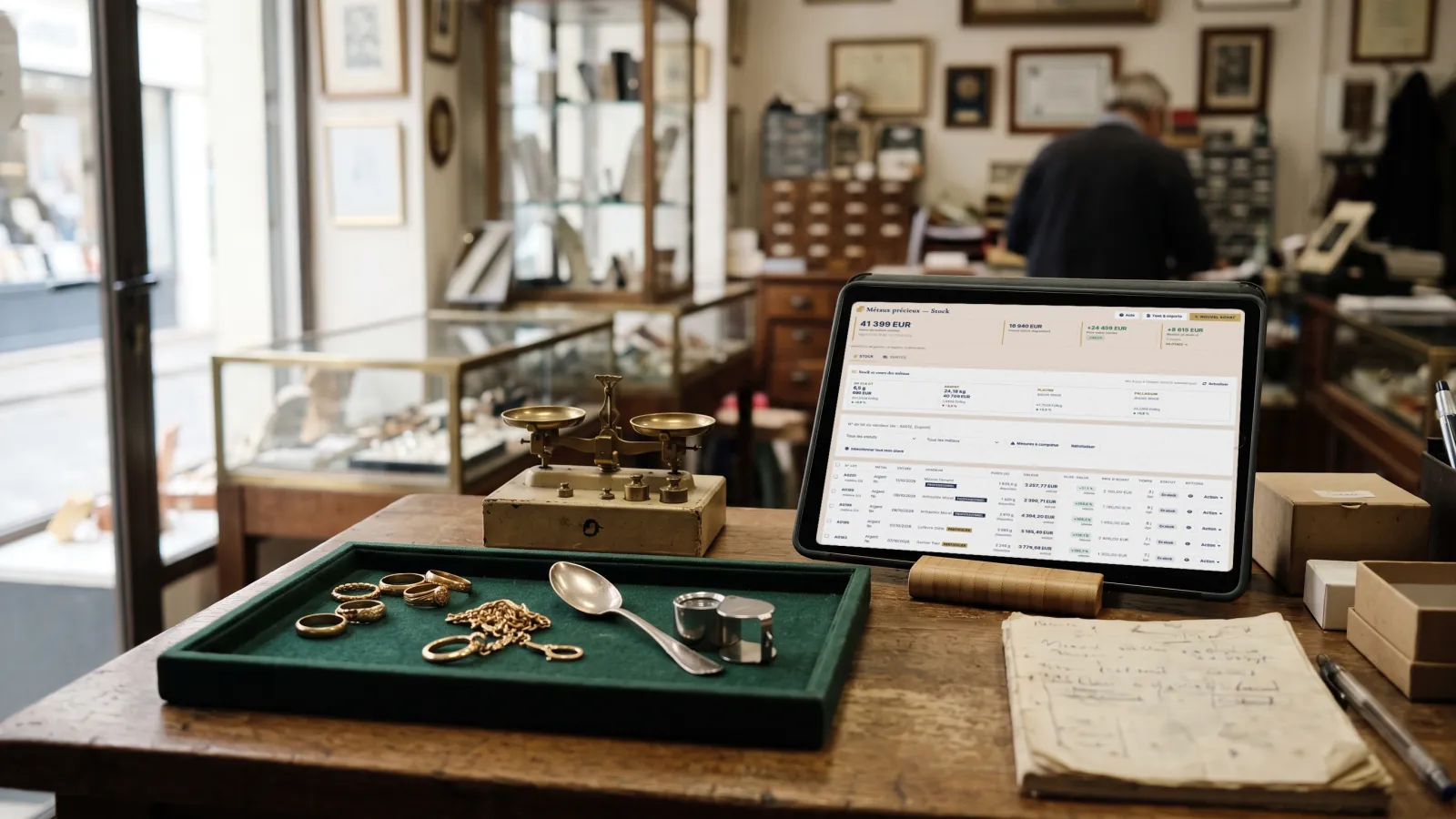 Comptoir de rachat d'or : balance en laiton, bagues et chaîne en or sur un plateau de feutre, tablette affichant le stock de métaux précieux dans Antiks