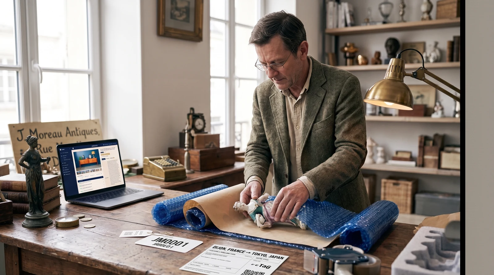 Antiquaire emballant un objet ancien pour une vente et une expédition internationales